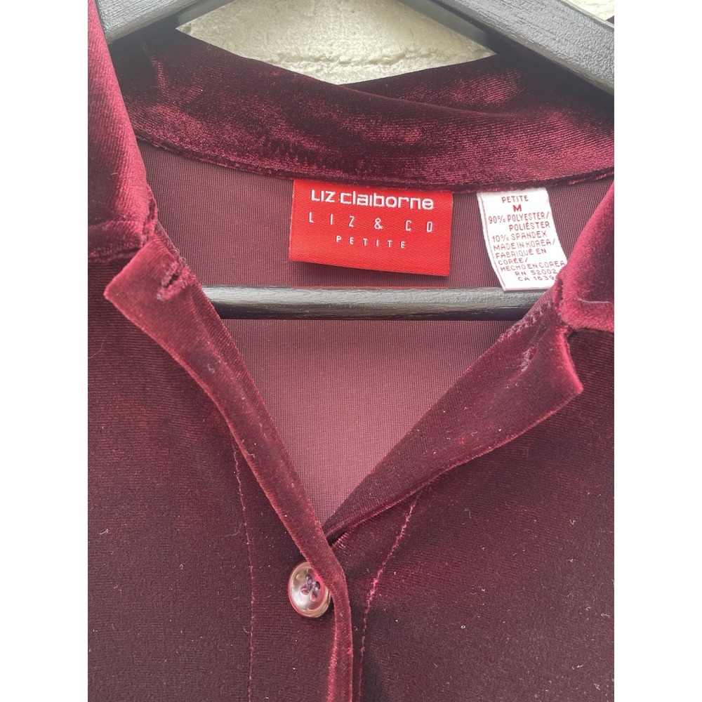 Liz Claiborne Stretch Velvet Velour Shirt Womens Medium Maroon Button Holidays - Picture 3 of 7